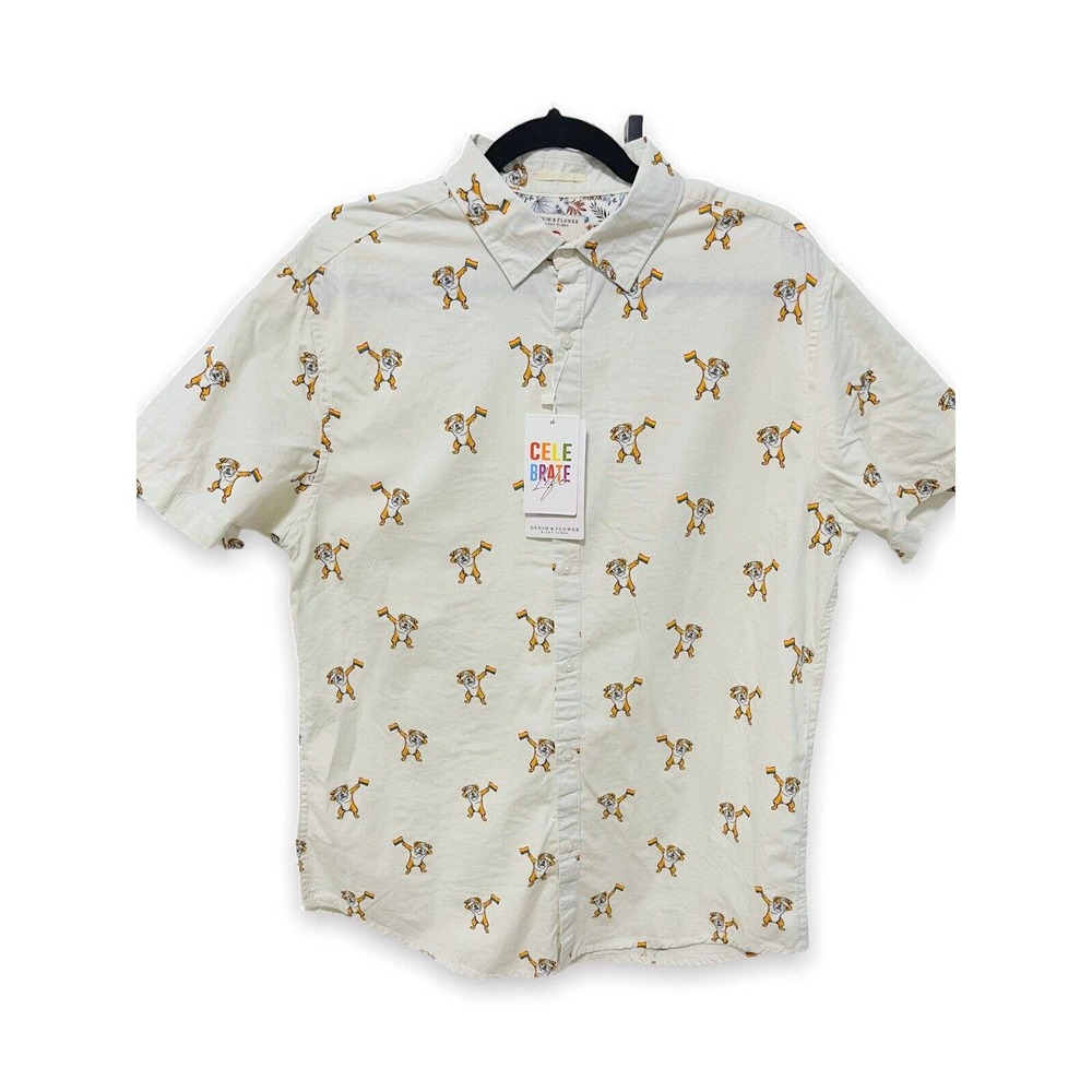 NWT DENIM & FLOWER RIcky Singh PRIDE SHIRT Dog With Rainbow Flag LGBTQ+ Ally L